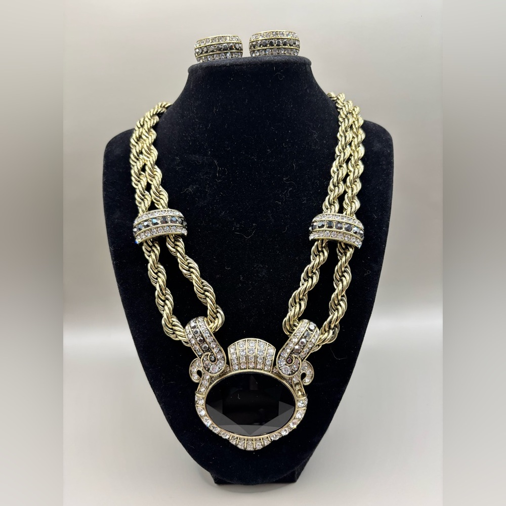 Heidi Daus Chain of Events Gold and Black Statement Necklace & Earrings w/box